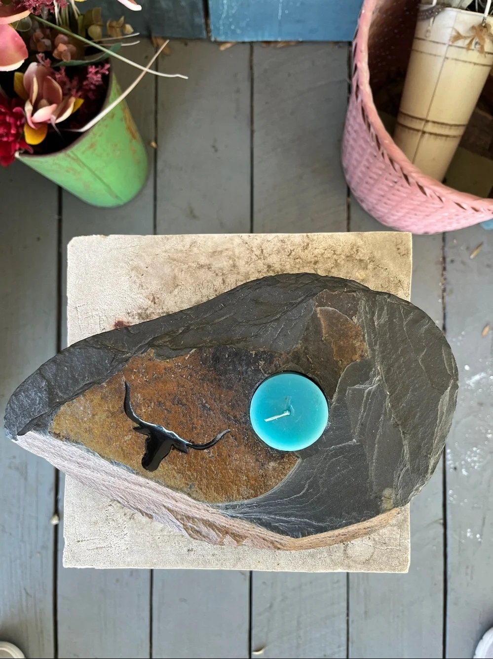 Rustic natural slate stone tealight candle holder